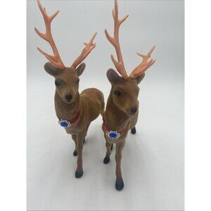 Vintage Flocked Reindeer Deer Pair of Bucks Red Ribbon Set 2 Christmas